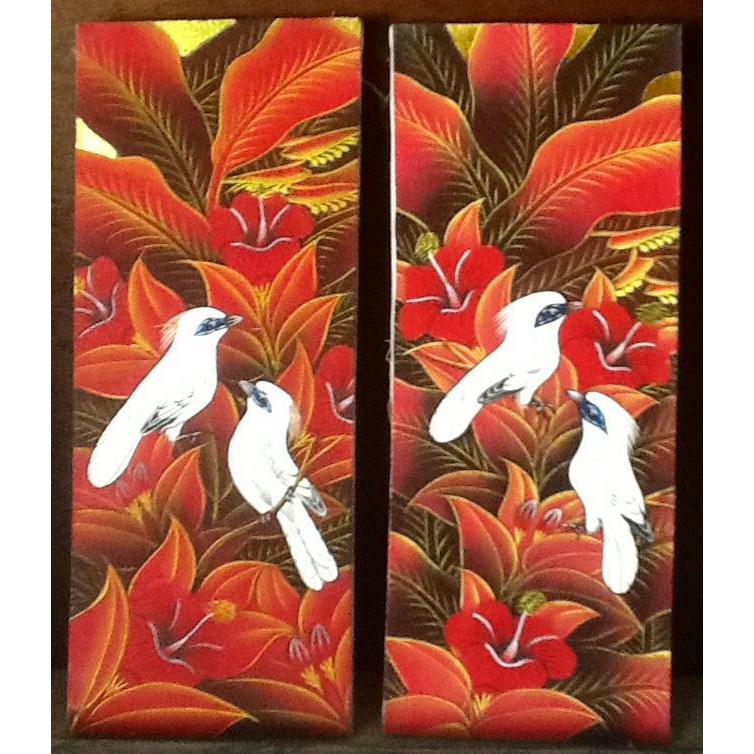 STOK TERBATAS Lukisan Sepasang Burung Jalak Putih 20x50 (1 set) model A
