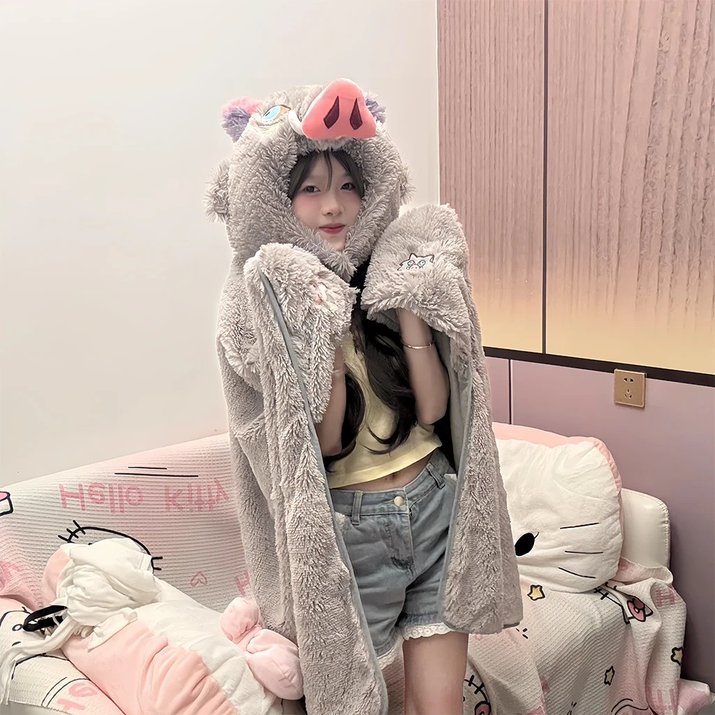 Thickened Wild Boar Hooded Blanket Pig Head Inosuke Soft Flannel Cloak Cosplay Hat for Adults Cloak