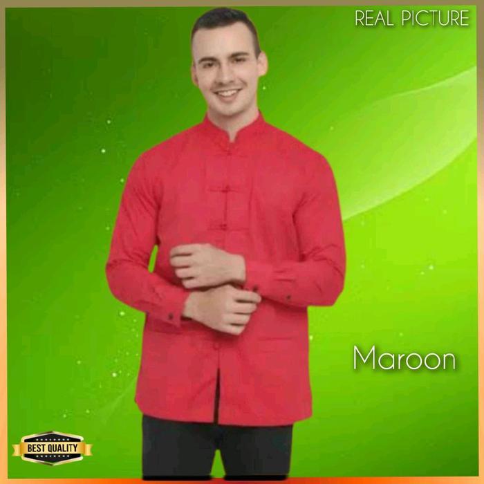 Kemeja Cheongsam Cina Pria Baju Imlek Qipao Lengan Panjang Maroon