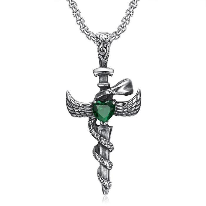Kalung Salib Pria Liontin Sayap Pedang Ular Batu Merah / Hijau Titanium Asli Anti Karat Kalung Salib