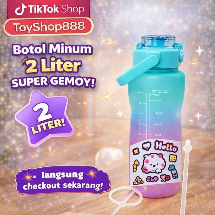 Botol Minum 2 Liter Botol Pelangi Botol Minum Motivasi Korea Viral botol minum 2liter Sedotan
