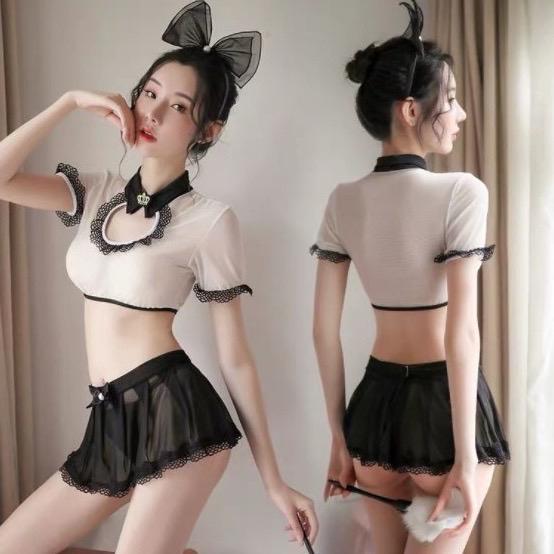 Set Cosplay Sexy Lingerie Flirt Rok Mini Costume Skirt Bando Kostum