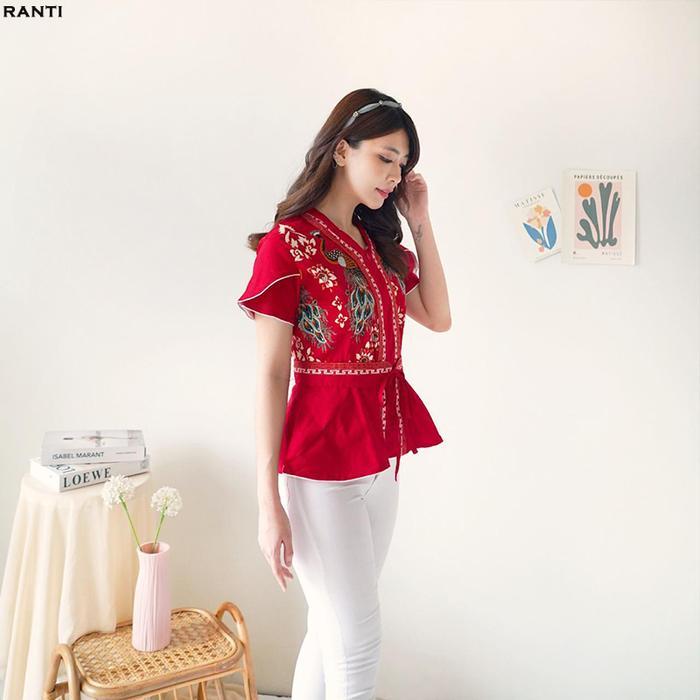 Evercloth Ranti Top Blouse Wanita Atasan Wanita Blouse Batik Perempuan Red - JUMBO