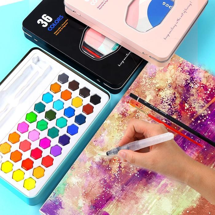 Promo 48/36 Warna Watercolor Set Cat Air Set (Termasuk Kuas Dan Kertas Gambar) / Cat Air Padat /