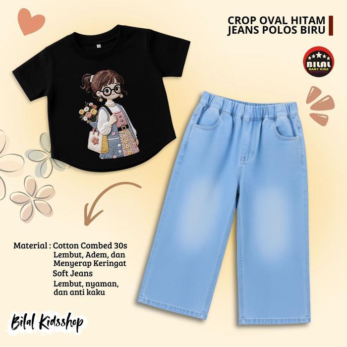 One Set Anak Perempuan Cute Girl Crop Oval dan Kulot Jeans Polos 1-10 Tahun