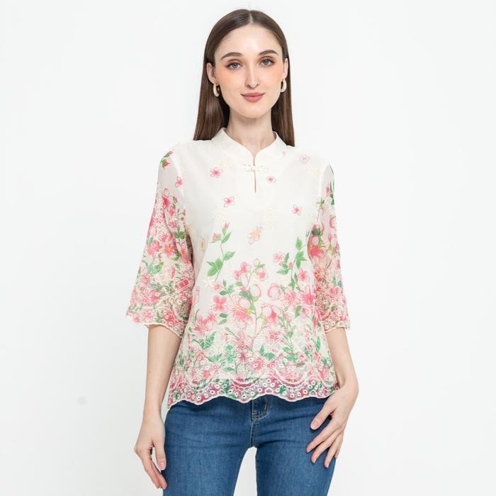 Blus Cheongsam Atasan Wanita Katun Bordir Bunga Pink - M