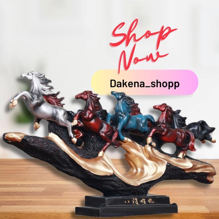Dakena - Pajangan Patung 8 Kuda Berlari Fengshui - Berwarna Dekor Rumah Mewah Hoki & Kesuksesan