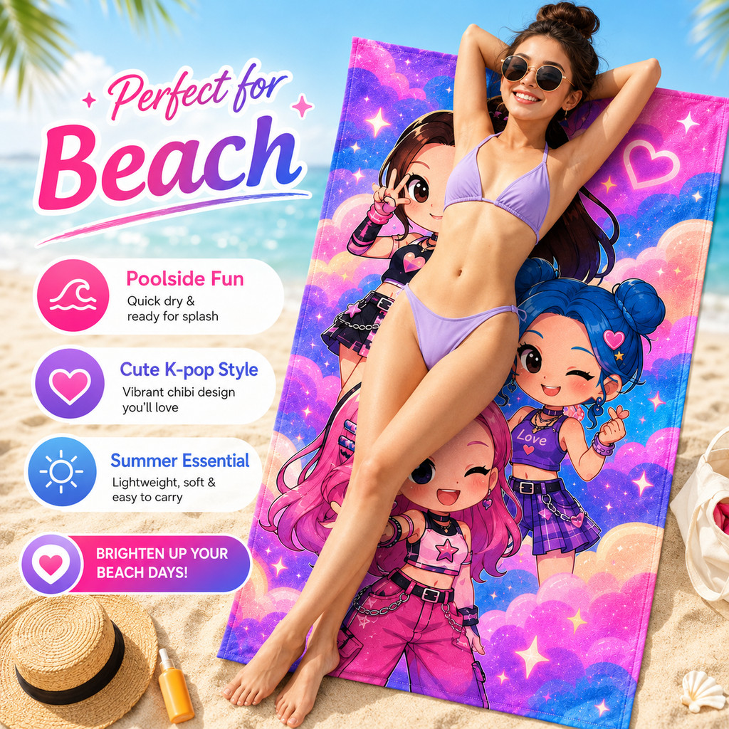 K-Pop Idol Girls Flat Print Beach Towel Pink Anime Chibi Pop Star Bath Towel Quick Dry for Kids