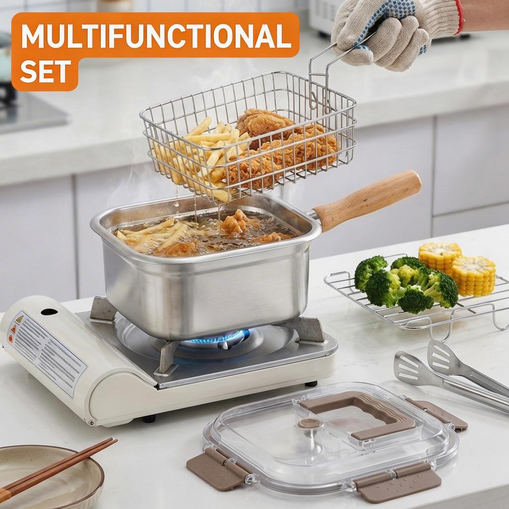 Deep Fryer Pot Stainless Steel Frying Pan Oil Saving Square Deep Frying Pan with Basket and Handle