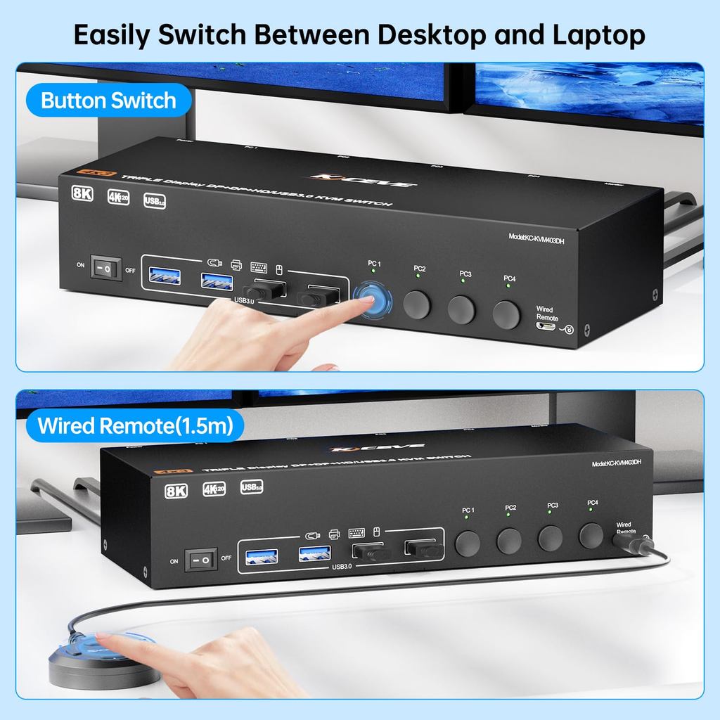 KCEVE KVM Switch 3 Monitors 4 Computers 8K,2 Displayport+1 HDMI KVM Switch for 4 Computers Share 3
