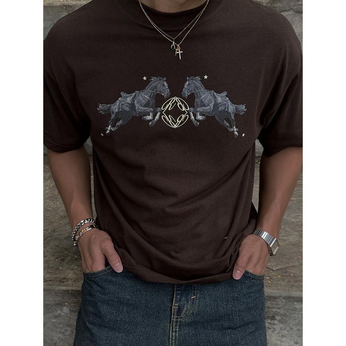 Rudebasic - Brown Horse Monogram Tiny Tee - Heavy Weight Cotton Unisex Kaos Pria T-Shirt Pendek