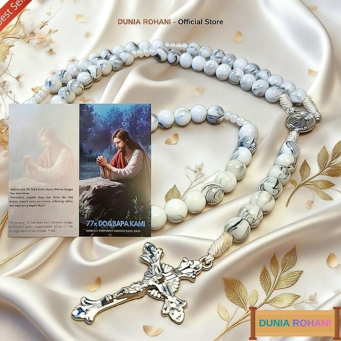 Kalung Rosario 77 Doa Bapa Kami Motif Marmer Putih, Putih Bercorak Emas, Hijau, Biru Tosca, Biru
