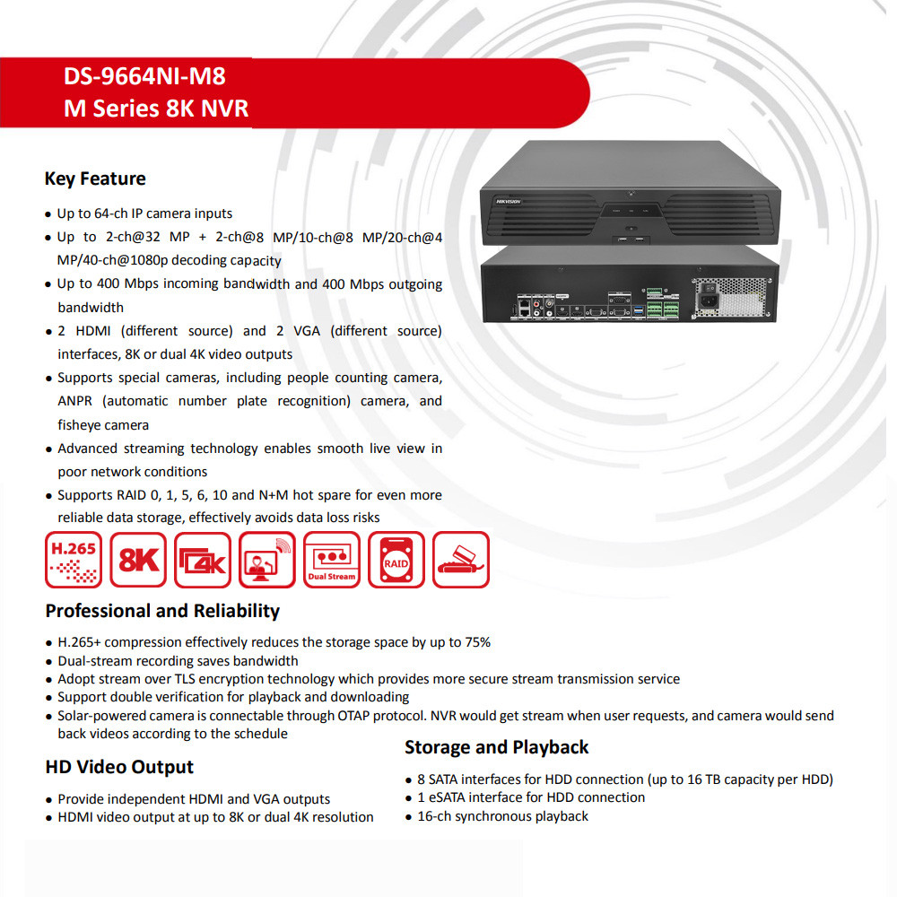 Hikvision Original NVR 64-ch 2U 4K NVR DS-9664NI-M8 64ch IP Cameras 8 SATA HDD Network Video