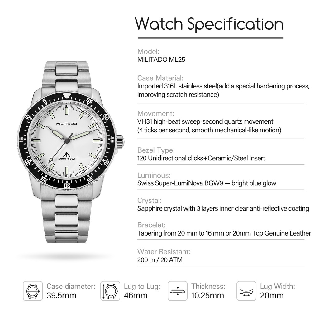 Militado Ml25 Mens Dive Quartz Watch VH31 Sweep Second Movement Sapphire Crystal BGW9 Luminous