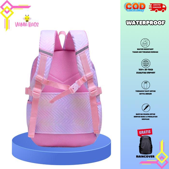 tas sekolah anak perempuan sd polos warna rainbow waterproof buka depan