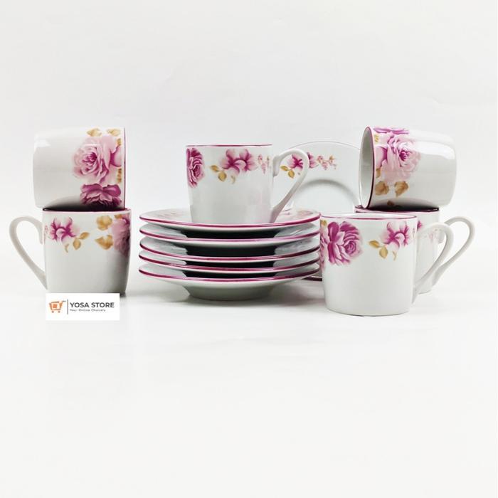 Cangkir Set Keramik Espresso Motif Pink Rossie 6 Pasang