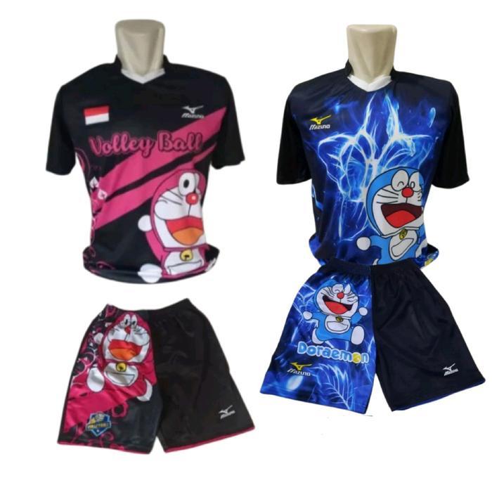 kaos olahraga voli printing baju voli motif doraemon Setelan Sport