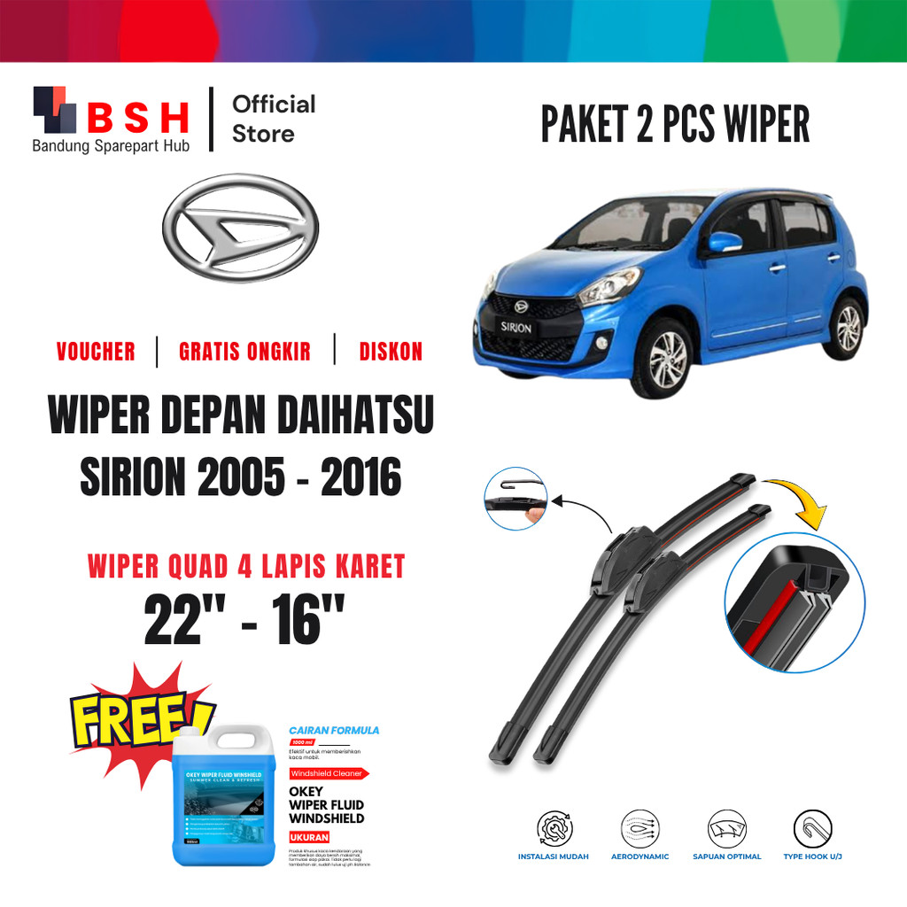 Wiper Daihatsu Sirion 2005-2015 Quad Kaca Depan Mobil Free Wiper Fluid