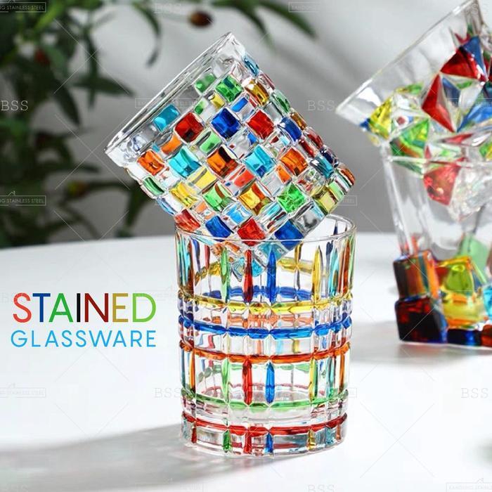 RAINBOW STAINED GLASS GELAS KACA BEER VODKA AIR MINUM OLD FASHIONED