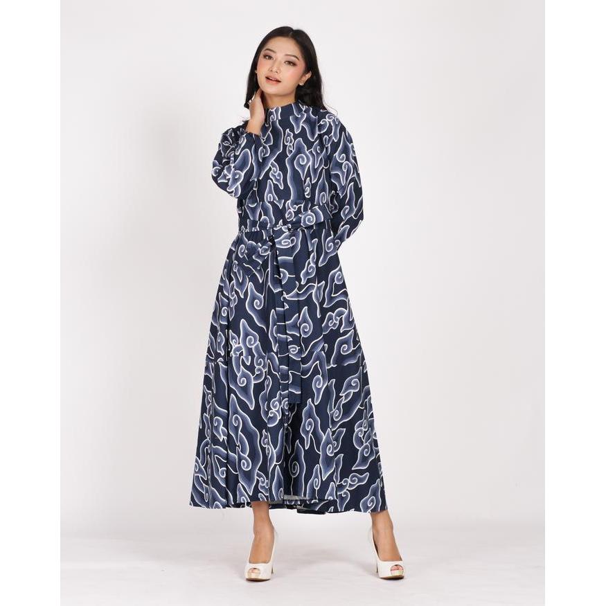 BATIK TRUSMI Wanita Dress Batik Wanita Motif Mega Mendung Biru - M Batik Wanita Gamis Batik Motif Me