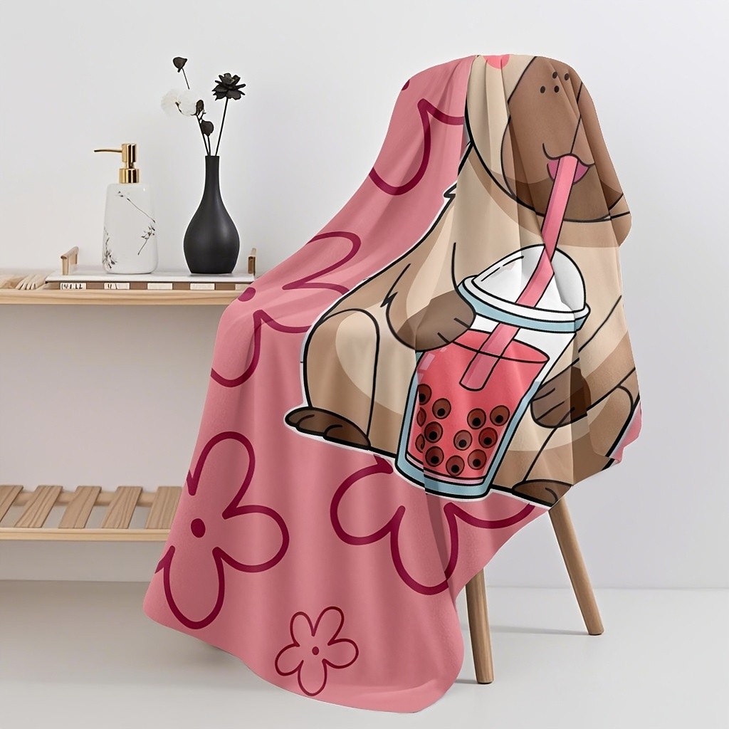 1pc Beach Towel, Cartoon Capybara Holding Pearl Milk Tea Beach Towel, Beach Towel, Very Suitable for