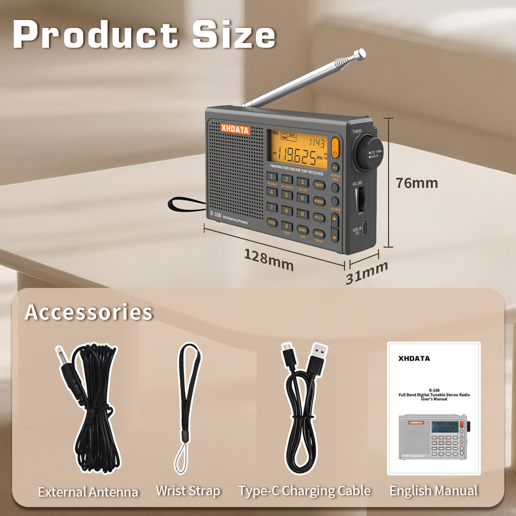 XHDATA R-108 Digital Portable Radio Stereo FM LW SW MW Full-Band Radio DSP Radio Receiver