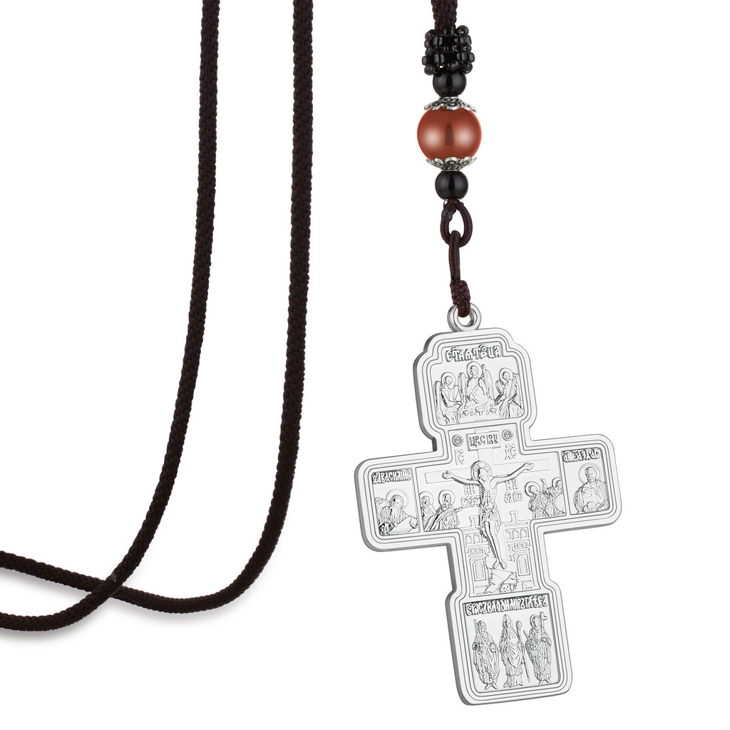 Russian Eastern Orthodox Pectoral Cross Necklace Crucifix Jesus Rope Chain Necklace Baptism Prayer