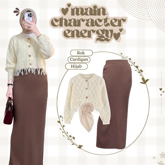 Ootd Wanita Kekinian Remaja Hijab (Rok Span + Cardigan Crop + Hijab Biscuit) One Set Korean Style -