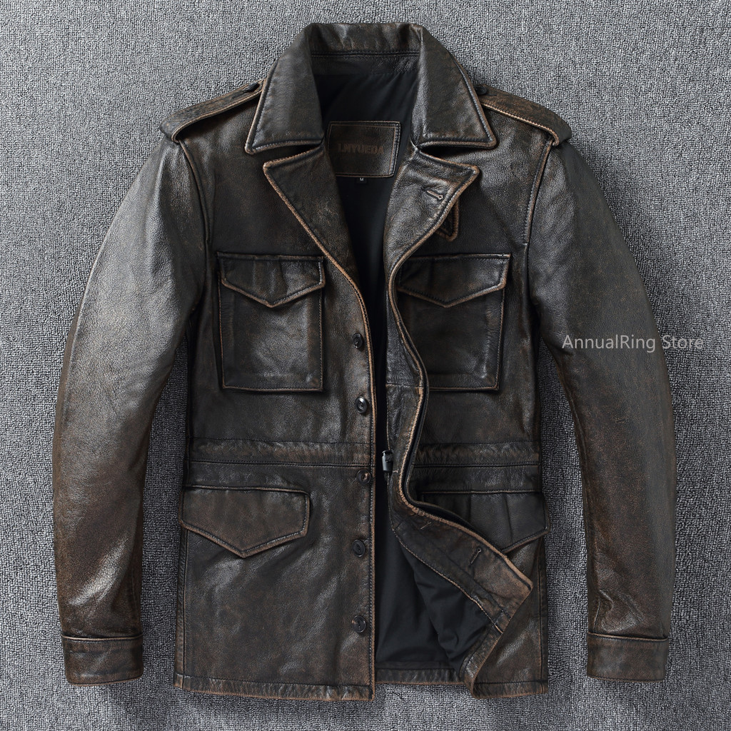Classic M43 Trench Coat Cowhide Military Leather Jacket Medium and Long Multi-pocket Mens Vintage Le
