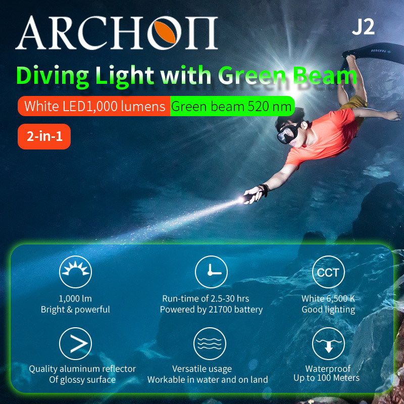 ARCHON J2 Rechargeable 100m Waterproof Dive Torch 1000 Lumen Green Beam 6500K White Diving