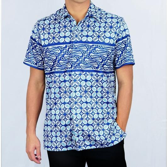 Trijee Sportswear Batik Kemeja Batik Pria Lengan Pendek Bahan Polyester Biru - S Jersey Men Batara -