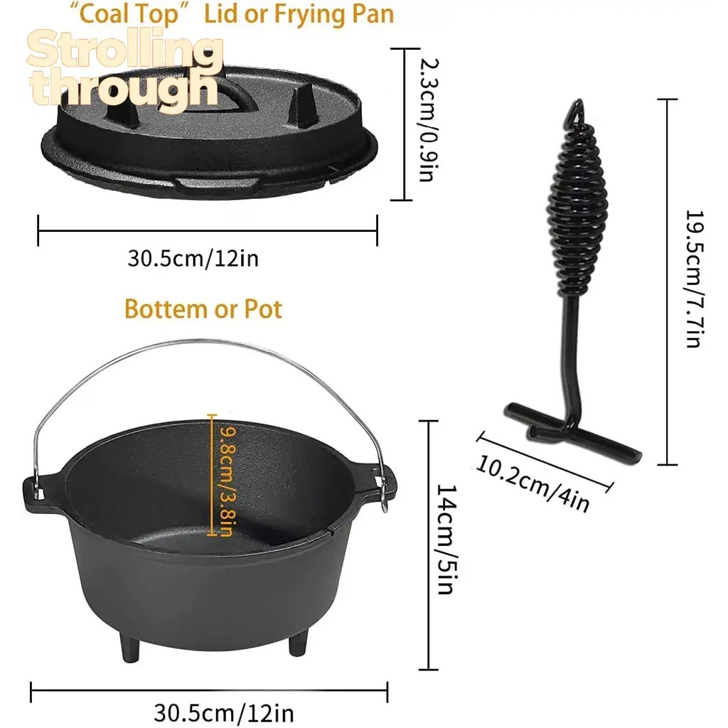 Outdoor Dutch Oven Set Cast Iron Cooking Pot with Lid Lifter Camping BBQ Grill BBQ 2-in-1 Dutch Oven
