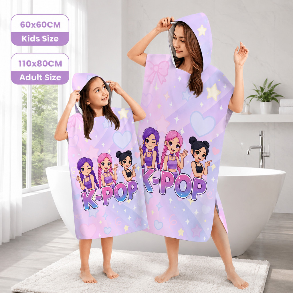 K-Pop Style Hooded Poncho Towel for Kids Adults Flat Print Purple Idol Cartoon Girls Bath Robe Beach