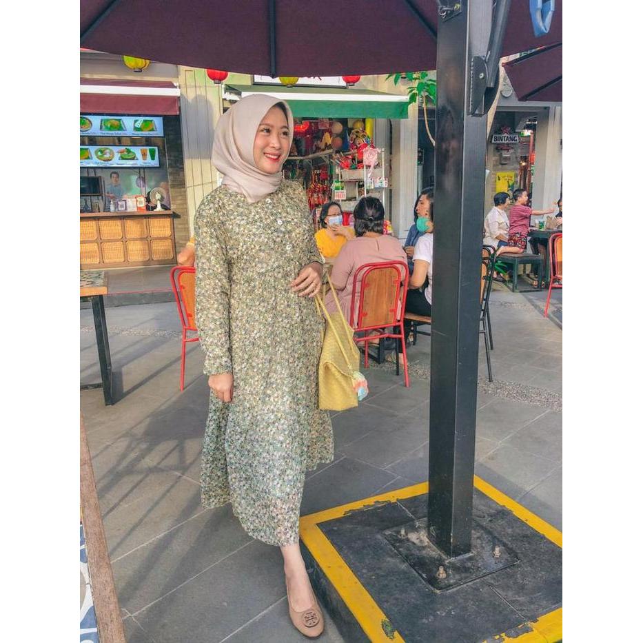 Promo Midi Dress Ceruty Babydoll Premium / Midi Dress Motif Bunga / Dress Ceruty Full Furing / Midi
