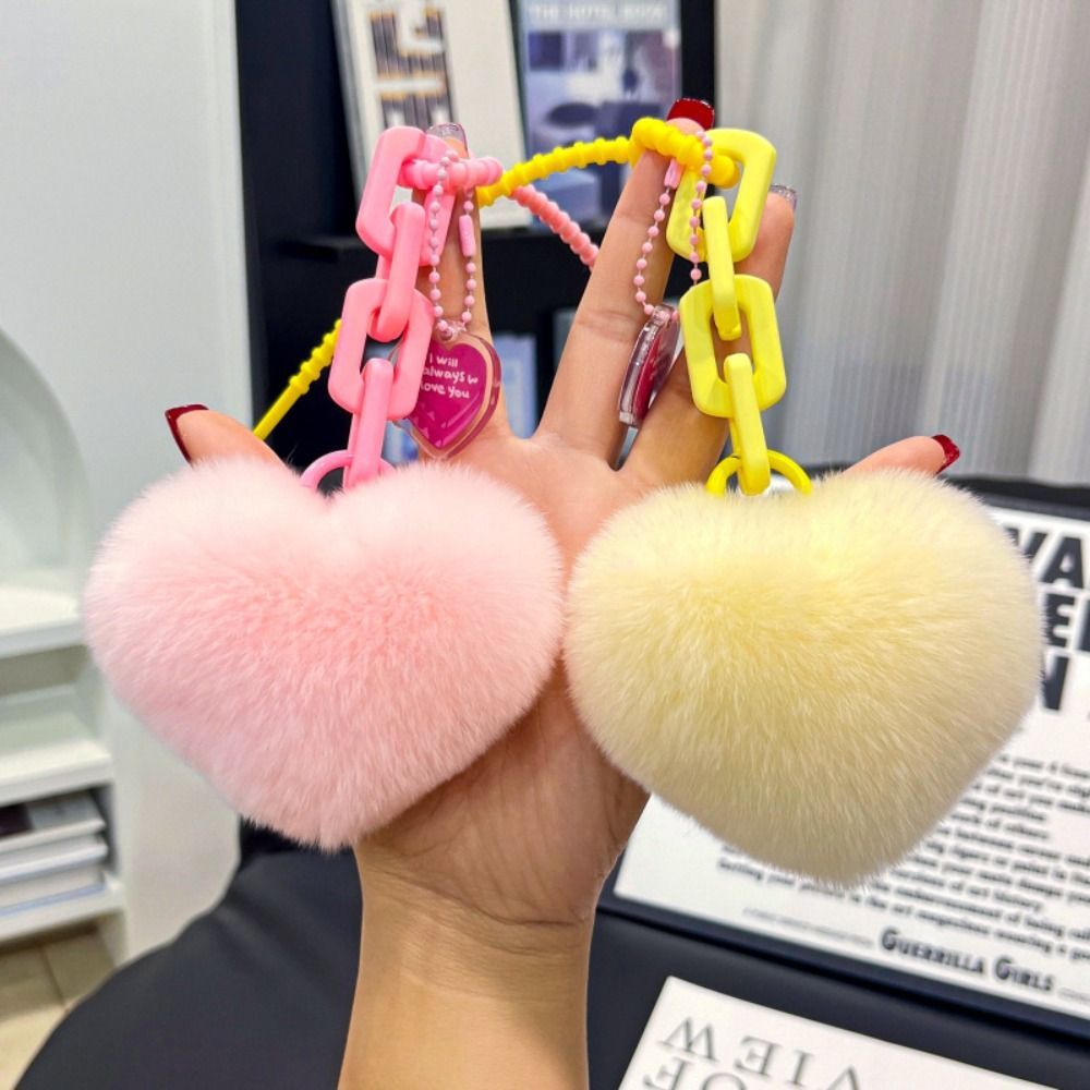 Cars Accessory Natural Fur Heart Charm Keychain Creative Soft Plush Toys Keychain Cute Silicone