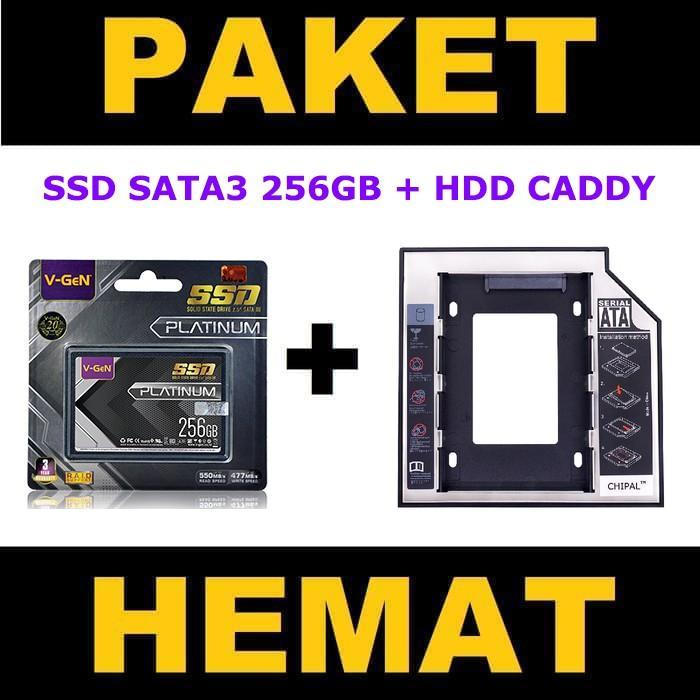 TERLARIS PAKET SSD Caddy SSD 256GB V-GeN PLATINUM RESCUE SATA 3 DVD Slot to SDD Slot 9.5mm-12.7mm