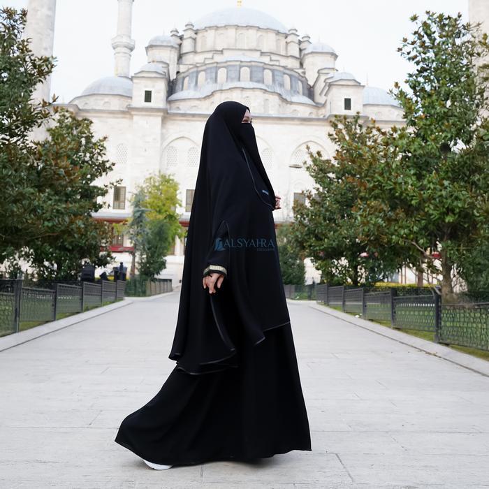 Promo Alsyahra Exclusive Set Khimar Syari Handsplit Bisban List Hitam Non Pad Cadar Soft Jetblack
