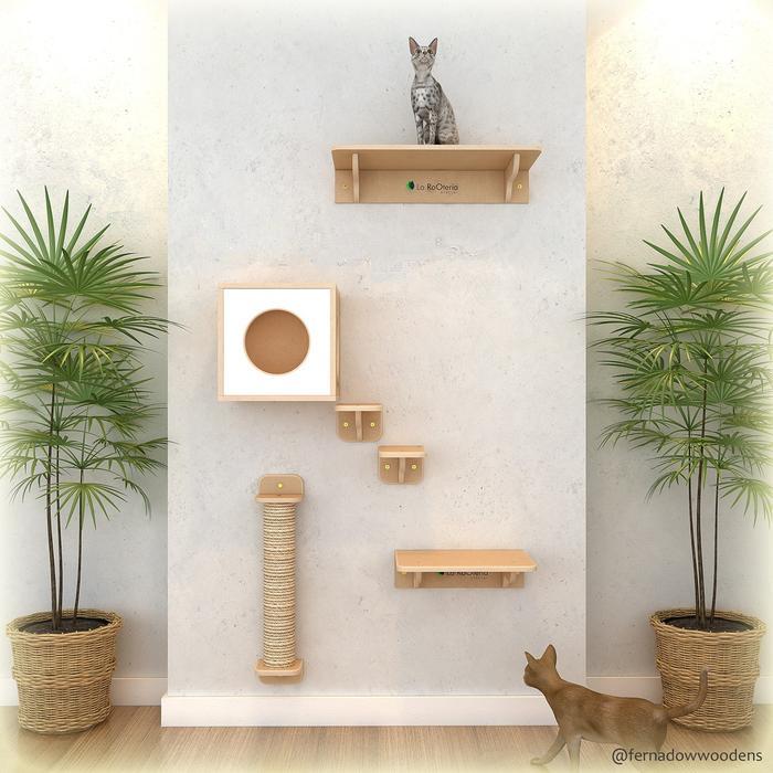 Tempat Bermain Kucing Minimalis dengan Box dan Tiang Cakaran, Warna Putih, Material Multipleks 12 mm