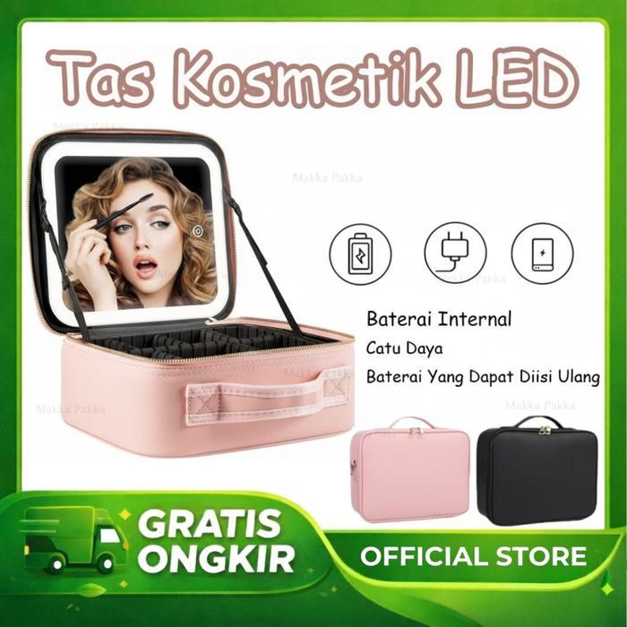 Tas Kosmetik LED dengan Cermin Makeup Bag Lampu LED Portable & Stylish Koper Pink