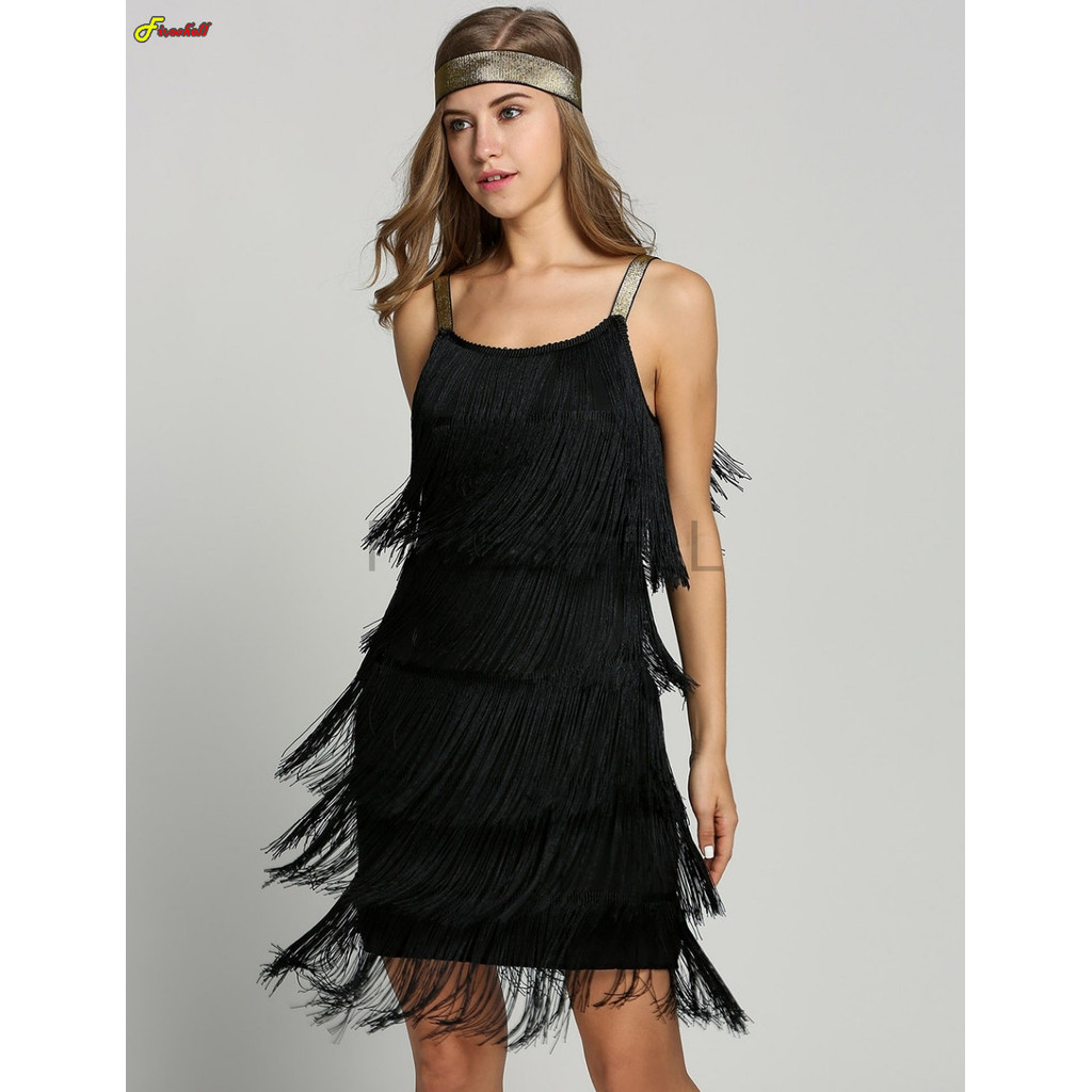 Women 1920s Tassel Dress Great Gatsby Flapper Beach Cosplay Costumes Strap Low Cut Fringe Party