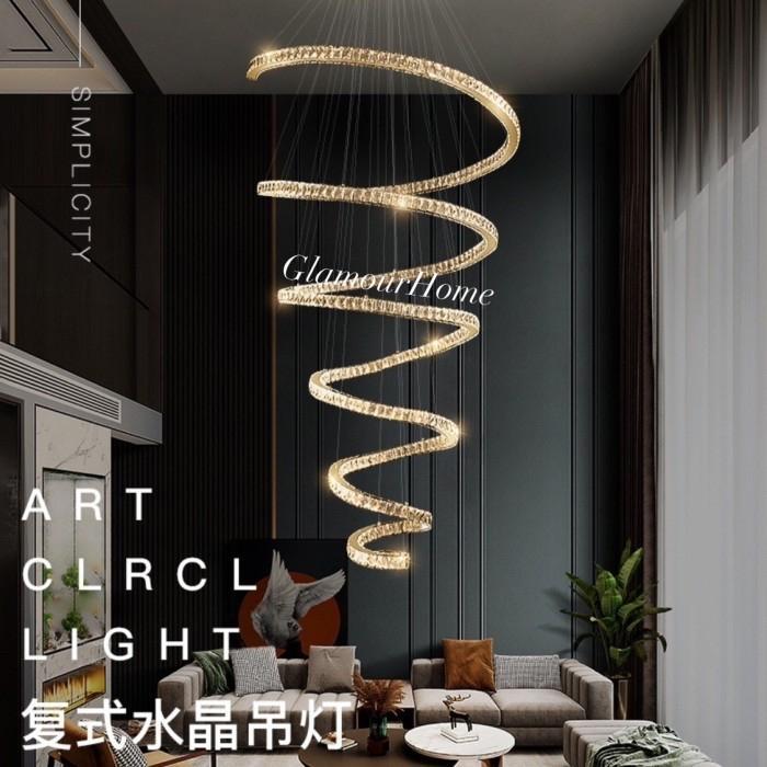 LAMPU GANTUNG VOID TANGGA KRISATAL LED SPIRAL / LAMPU GANTUNG PLAFON BESI GOLD KRISTAL