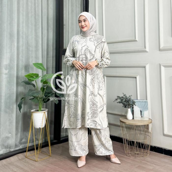 Promo One Set Tunik Clara Rayon Batik Premium Jumbo Rempel Busui Atasan Bawahan Wanita Celana Kulot