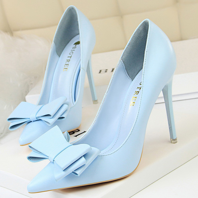 Women Fetish 10.5cm High Heels Blue Yellow Pumps Butterfly Knot Leather Stiletto Heels Lady