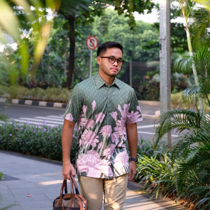 Batik Lengan Pendek Kemeja Batik Lengan Pendek - Magani Nosweat - Greenpink Kecombrang - XS Pendek -