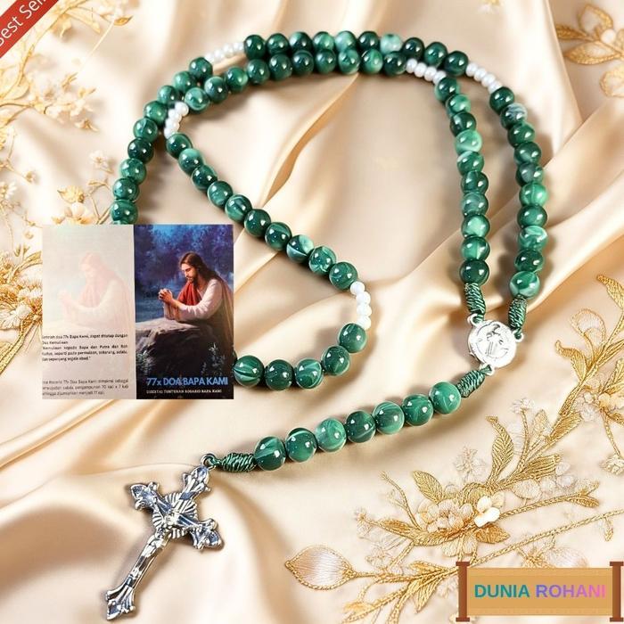 Kalung Rosario 77 Doa Bapa Kami Motif Marmer Putih, Putih Bercorak Emas, Hijau, Biru Tosca, Biru