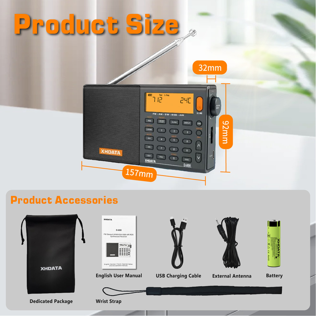 SIHUADON/XHDATA D-808 Radio Receiver AM FM SW MW AIR SSB RDS Portable Digital Radio with ATS Hi-Fi