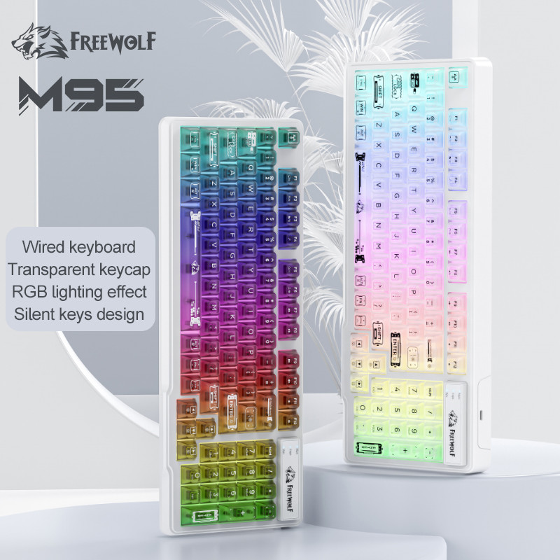 FREEWOLF M95 Silent Gaming Keyboard Wired Transparent RGB Lighting Membrane Keyboard Compact