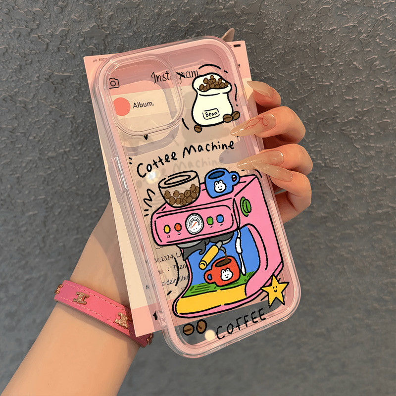 Mesin Kopi Kartun Cute Unik Anti Slip Casing Iphone 17 Pro Max 13 Pro Max15 Pro Max 11 14 Pro Max 13