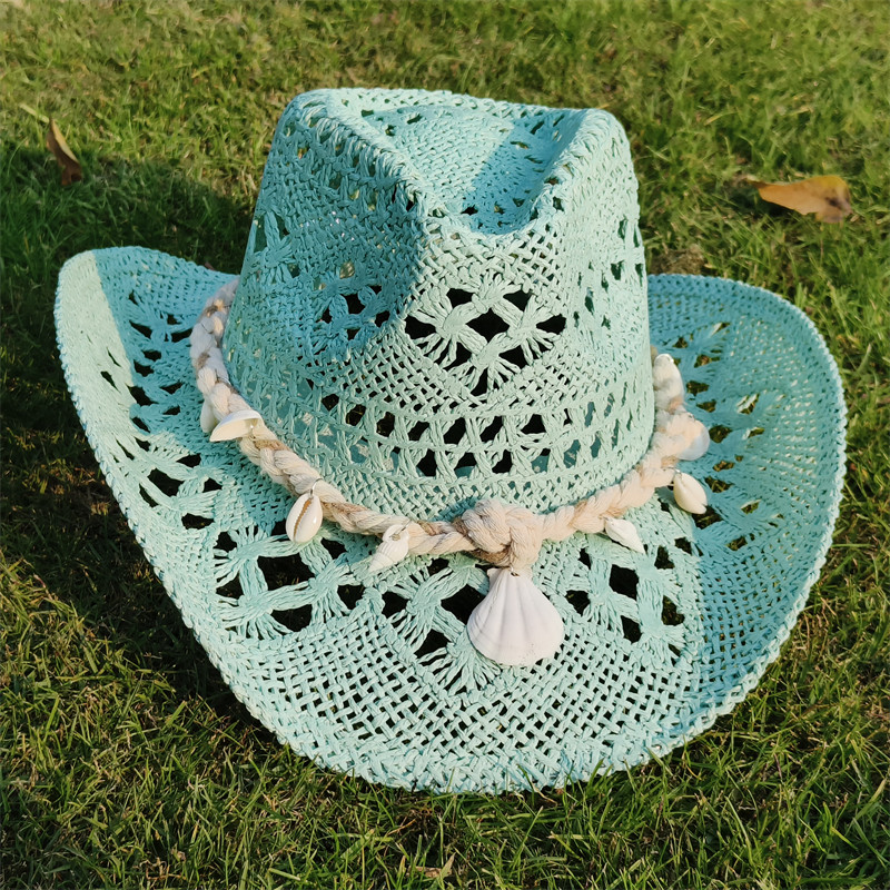 Cowboy Straw hat for women Fashion seashell straw cowboy hat beach summer cowboy Sunshade Jazz Hat