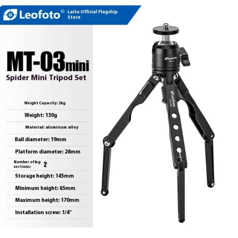 Leofoto MT-03 Mini Spider Tripod DSLR, Smartphone, Selfie Desktop Tripod Kit Travel & Photography